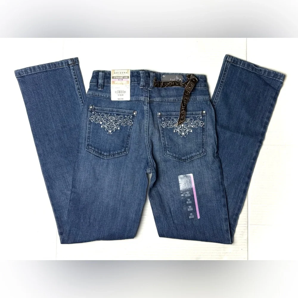 Vintage Arizona Girls Jeans 12 Slim Blue‎ Straight Leg Youth Denim Embroidered